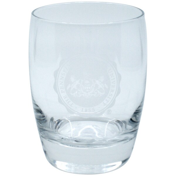 rocks glass with etched Pennsylvania State University Seal
